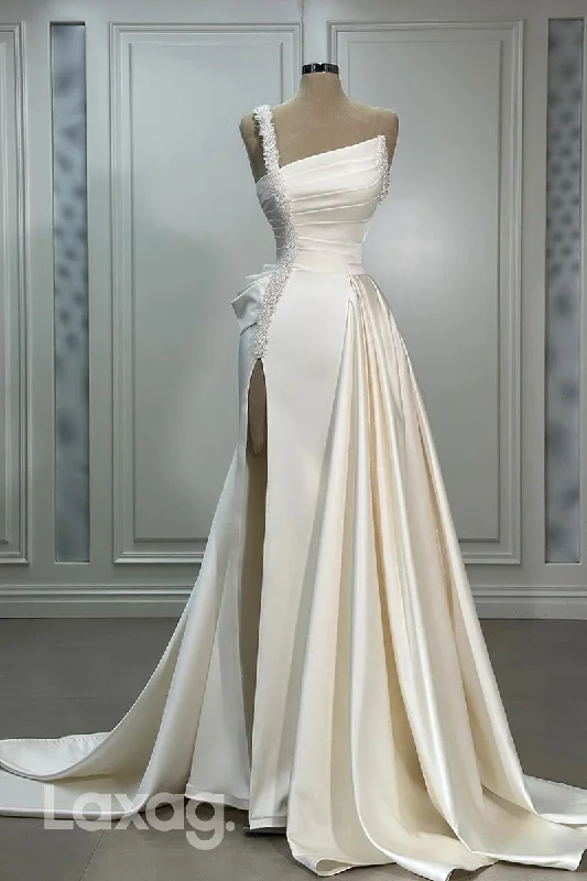 22358 - A-Line Strapless Beaded Draped Sleek Satin Wedding Dress with Train