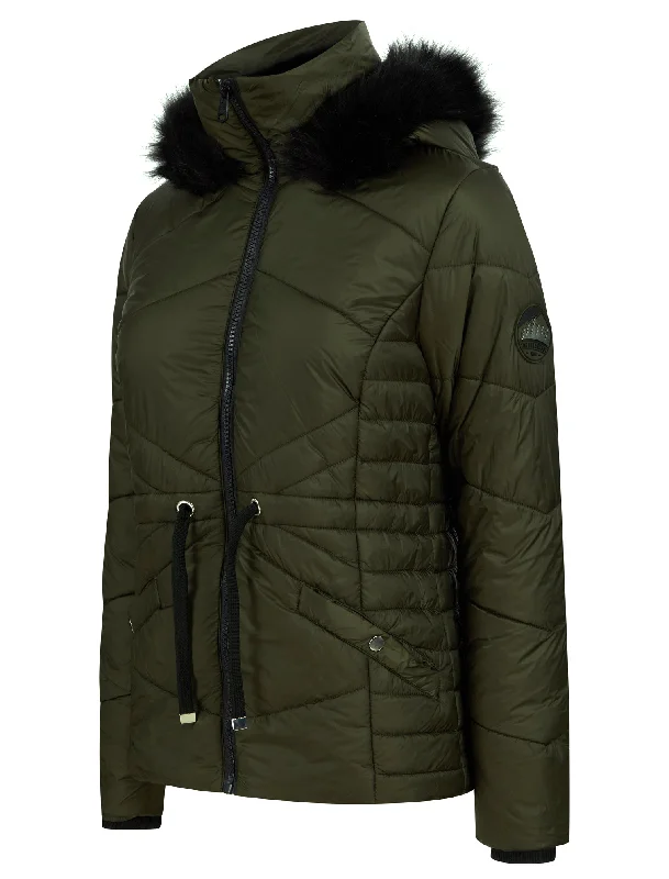 Featherington High Shine Quilted Hooded Puffer Jacket With Faux Fur Trim in Khaki - Tokyo Laundry