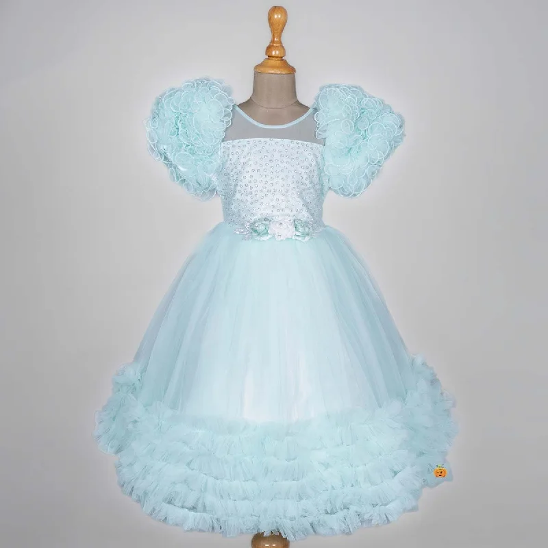 Sea Green & Pink Net Frill Girls Gown