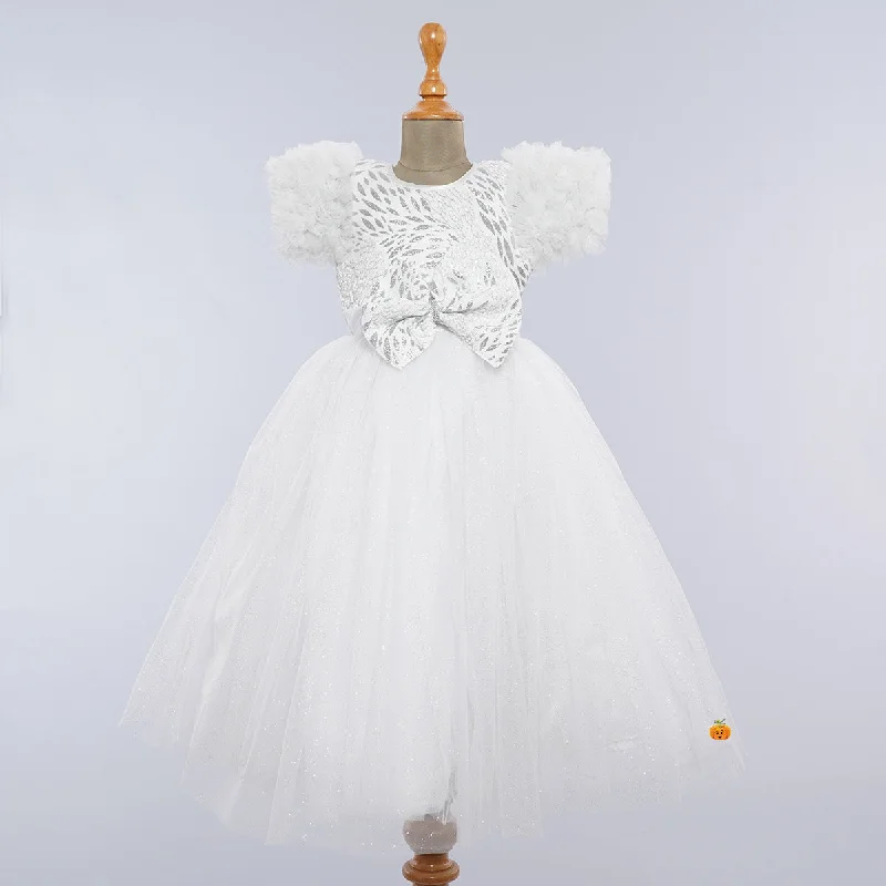 White Ruffled Sleeves Bow Girlish Gown