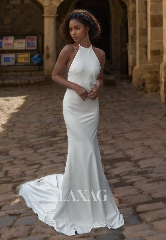 Simple Halter-Neck Sleeveless Off-Shoulder Satin Mermaid Wedding Dress with Sweep Train