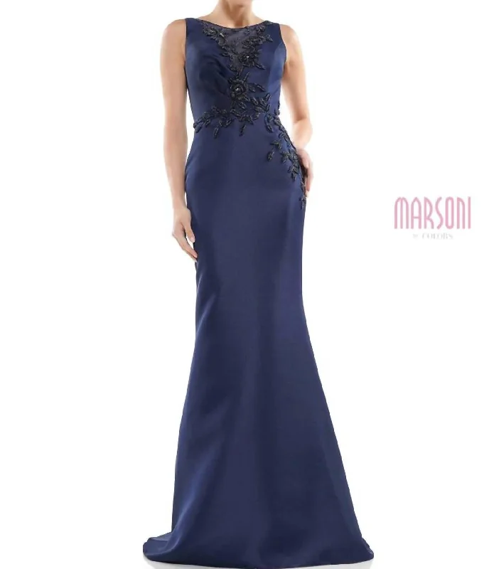 Beaded Bodice Fit N Flare Gown In Navy