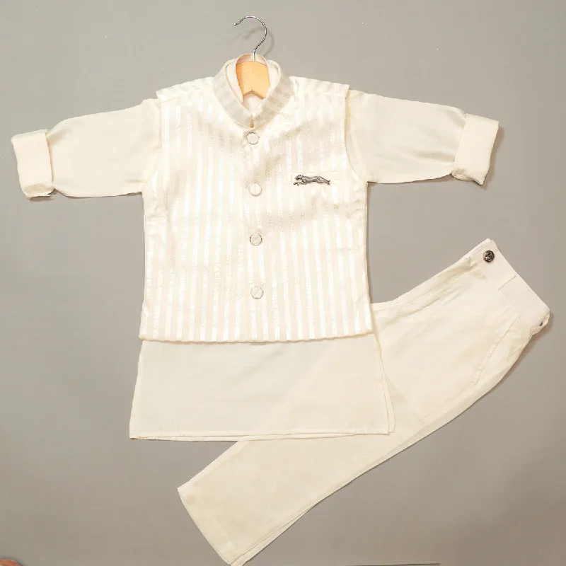 Cream Kurta Pajama for Kids with Striped Nehru Jacket