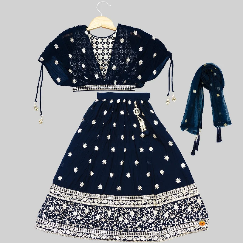 Navy Blue Golden Floral Girls Lehenga Choli