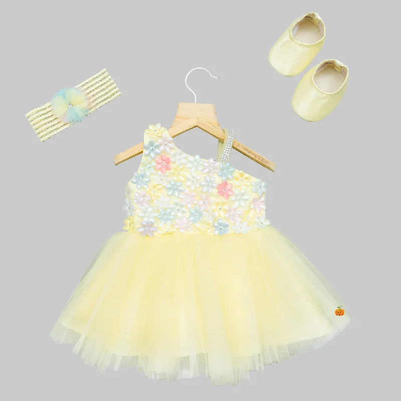 Floral Baby Frock with Hairband & Shoes