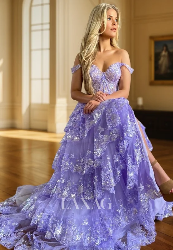 21945 - Off Shoulder Sequins Tiered Long Prom Party Dress with Slit