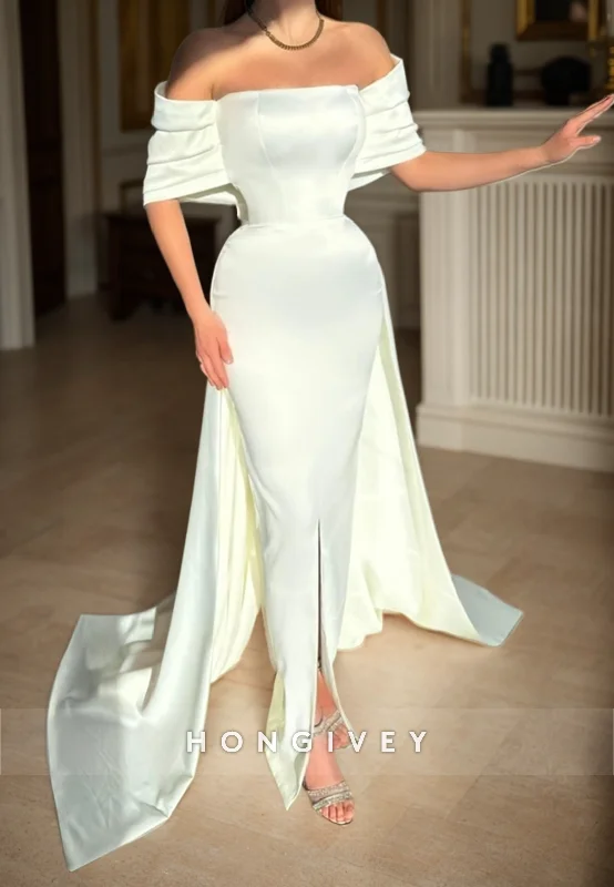 L2981 - Satin Fitted Off-Shoulder With Train Party Prom Evening Dress