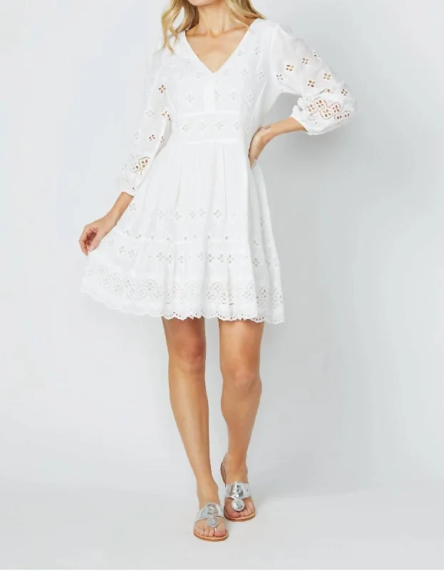 Long Sleeve Side Smocked Dress In White Eyelet