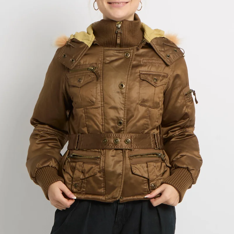 Fur Trim Hood Belted Utility Style Jacket - UK 12