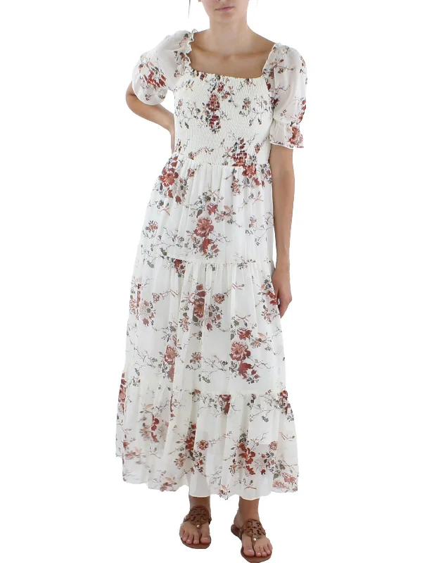 Petites Womens Smocked Floral Maxi Dress