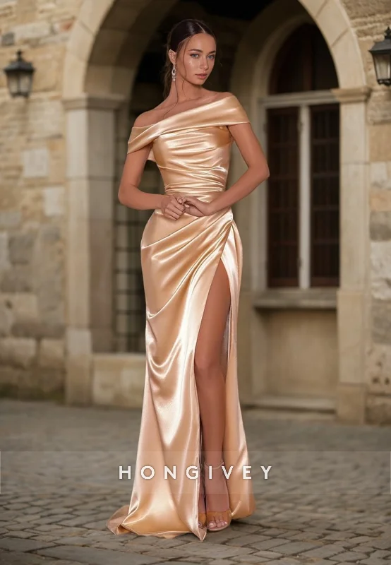 Sheath Off-Shoulder Empire Pleats Party Prom Evening Dress