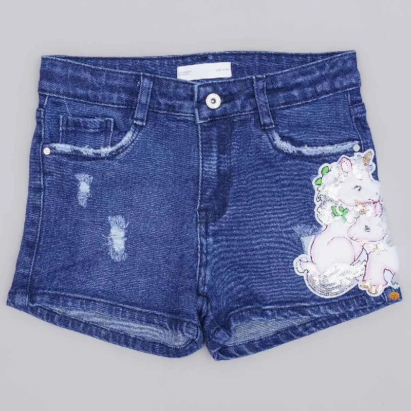 Blue Unicorn Pattern Denim Girls Shorts