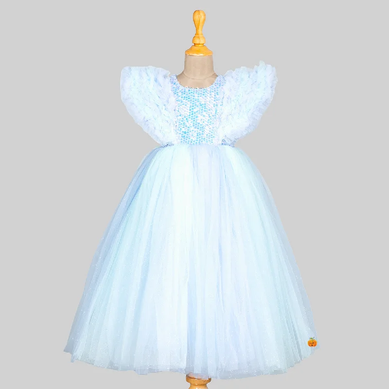 Turquoise Ruffled Sleeves Girls Gown