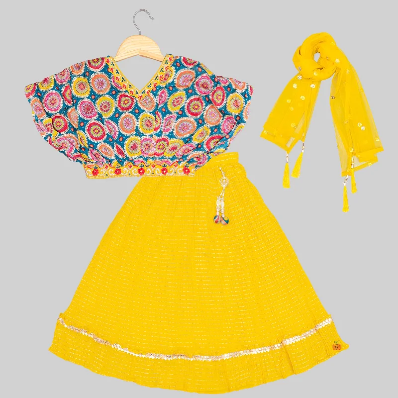 Rama & Yellow Phulkari Pattern Girls Lehenga Choli