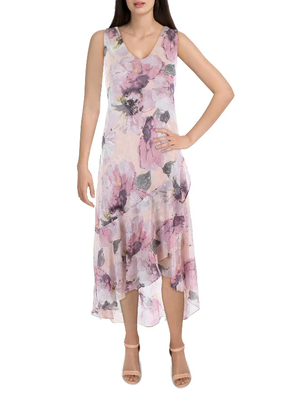 Petites Womens Chiffon Printed Midi Dress