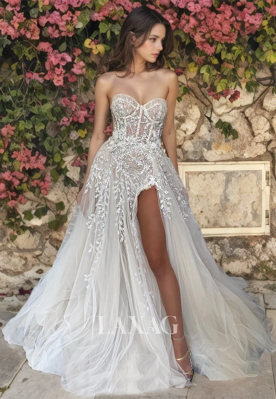 15558 - Sweetheart Bone Bodice Beaded Floral Thigh Slit Wedding Dress