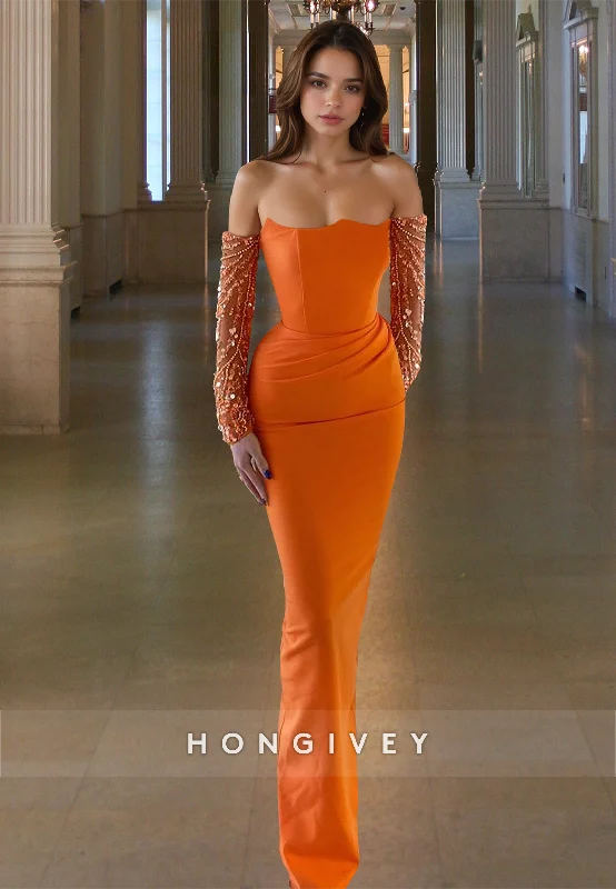 Fitted Orange Sexy Strapless Satin Formal Evening Dress Party Gown HONGIVEY