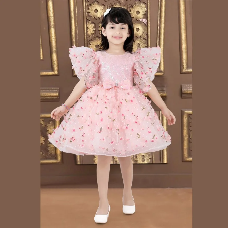 Peach Scattererd Flower Sequin Girls Frock