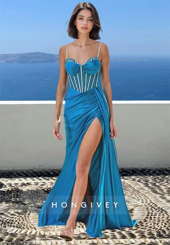 Beaded Sweetheart Spaghetti Straps Evening Dress Blue Applique Formal Party Gown