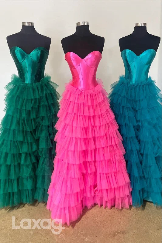 22009 - A Line Sweetheart Tulle Ruffles Long Formal Prom Dress