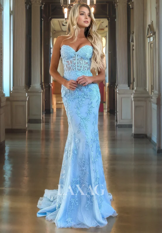 Sweetheart Strapless Lace Appliques Tulle Party Gowns Sleeveless Mermaid Prom Dress with Train