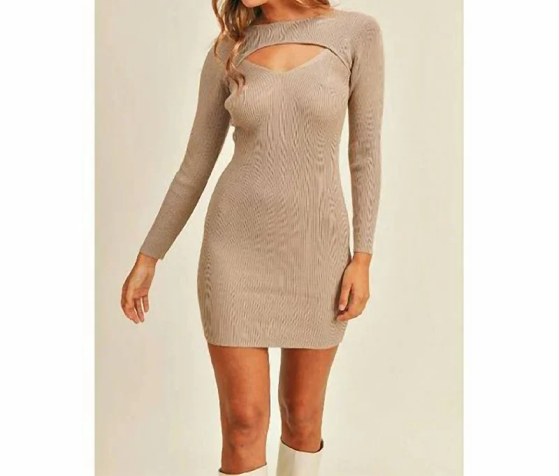 Ribbed Sweater Dress With Cut Out Chest In Mocha