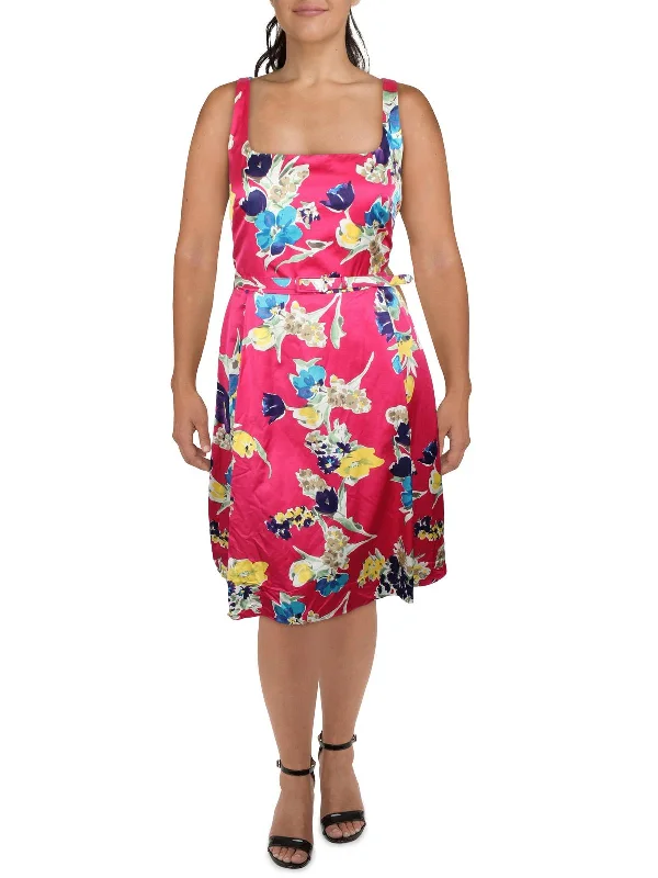 Womens Floral Print Pleated Shift Dress