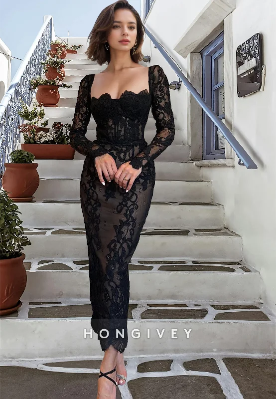 HONGIVEY Black Square Long Sleeves Lace Sheath Evening Dress Formal Party Gown