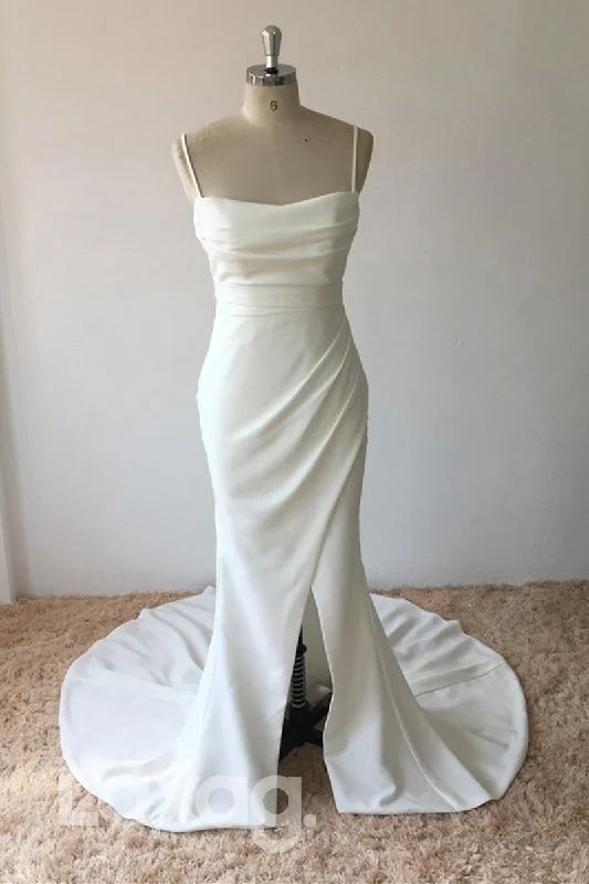 13547 - Spaghetti Sleeveless Satin Mermaid Wedding Dress With Slit