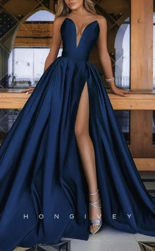 L1003 - Sexy Satin A-Line V-Neck Sleeveless Empire Ruched With Side Slit Train Party Evening Prom Formal Dress