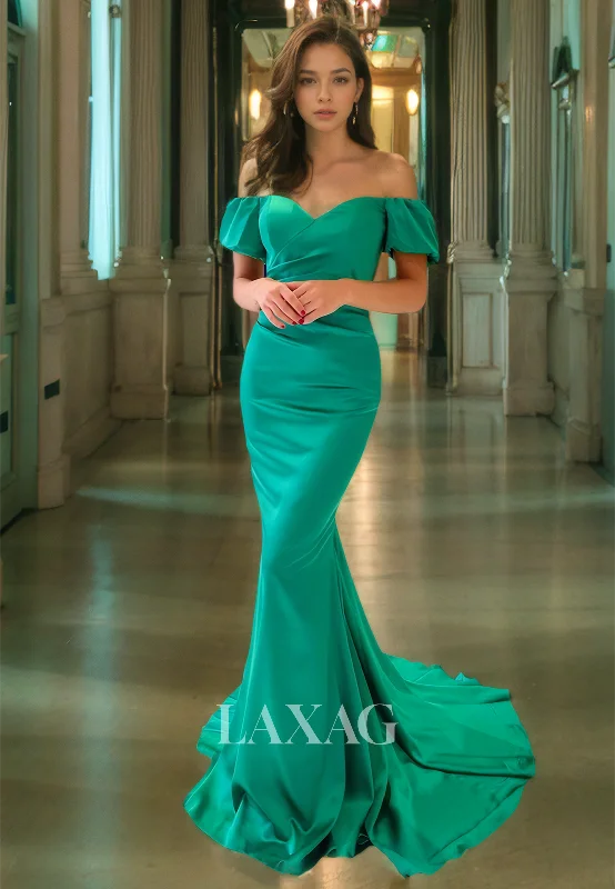 21833 - Off Shoulder Pleats Green Mermaid Prom Evening Gown