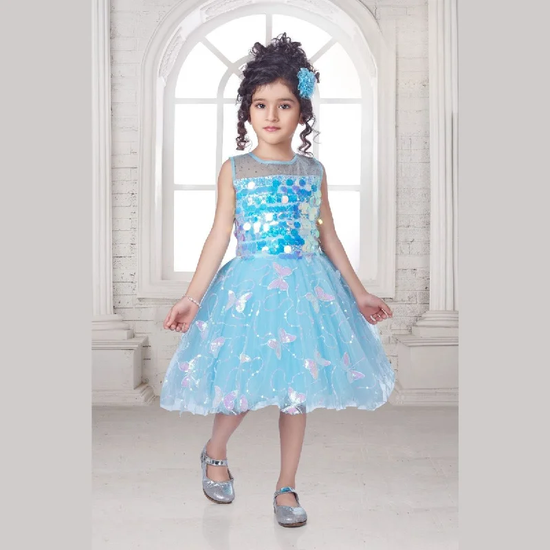 Turquoise Sequin Butterfly Frock for Girls