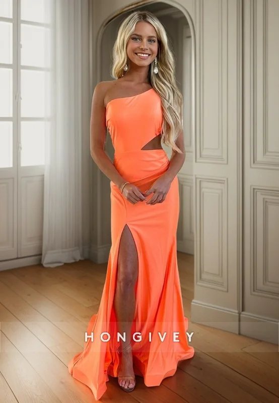 L1068 - Sexy One Shoulder Cutout With Train And Slit Formal Party Prom Evening Dress