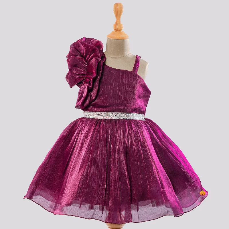 Wine Ruffled Sleeves Frock for Girls