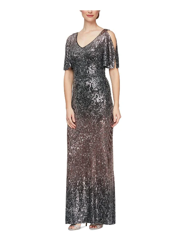 Petites Womens Sequined Ombre Evening Dress