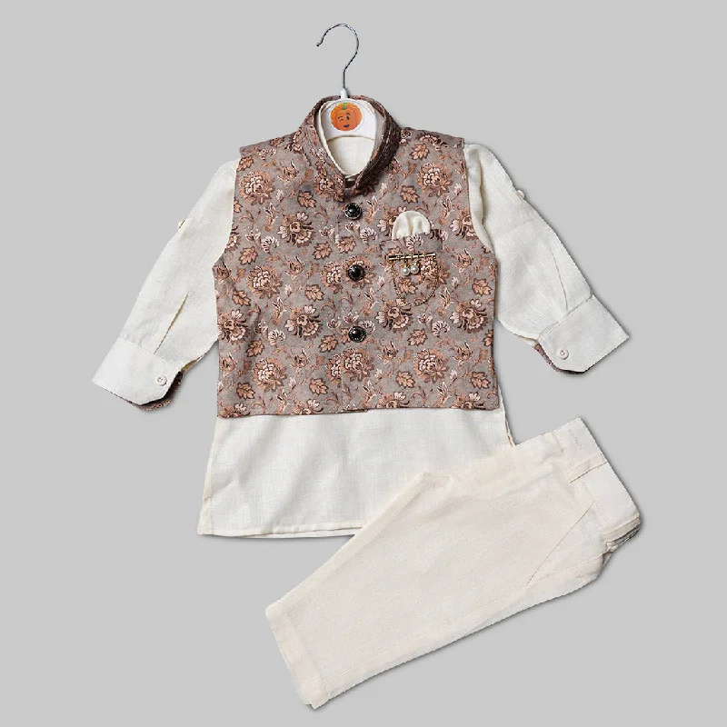 Ivory White Kids Kurta Pajama with Nehru Jacket