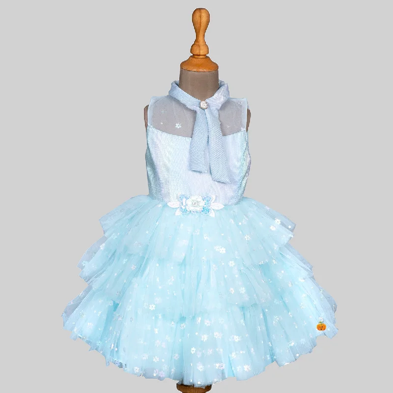 Blue Layered Floral Net Girls Frock