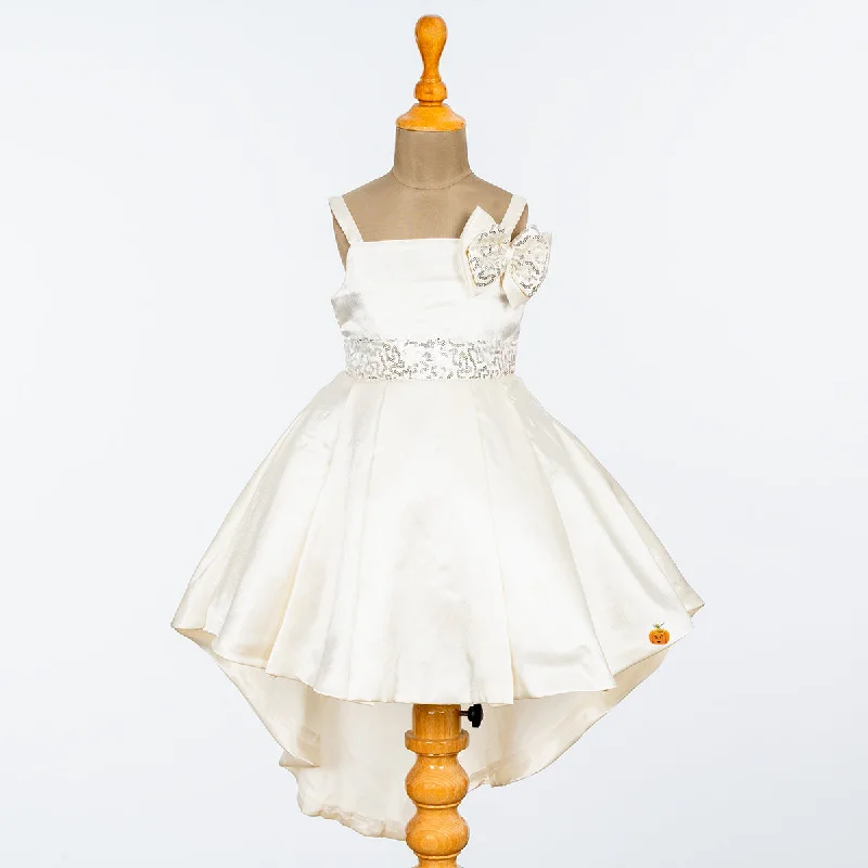 Cream & Peach High Low Pattern Frock for Girls