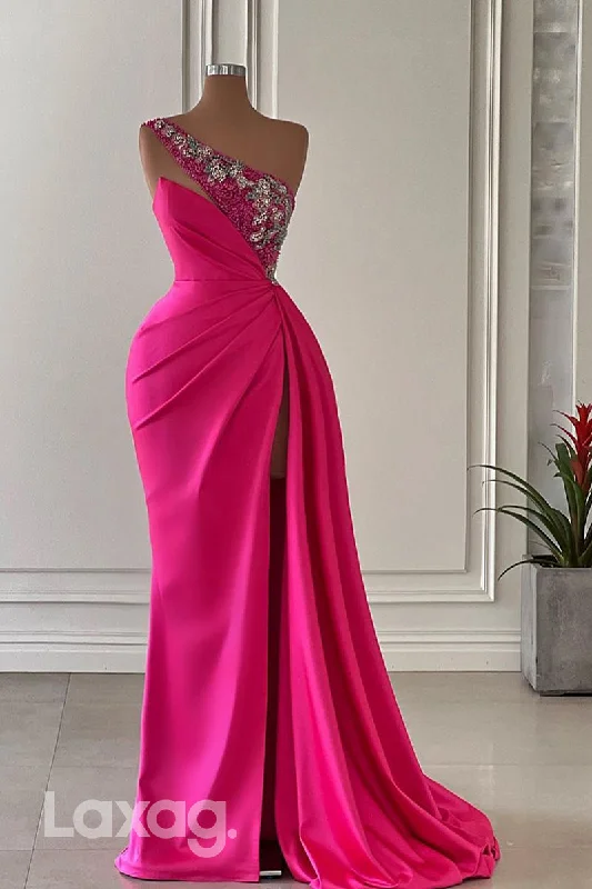 21991 - One Shoulder Beads Mermaid Long Formal Prom Dress with Slit