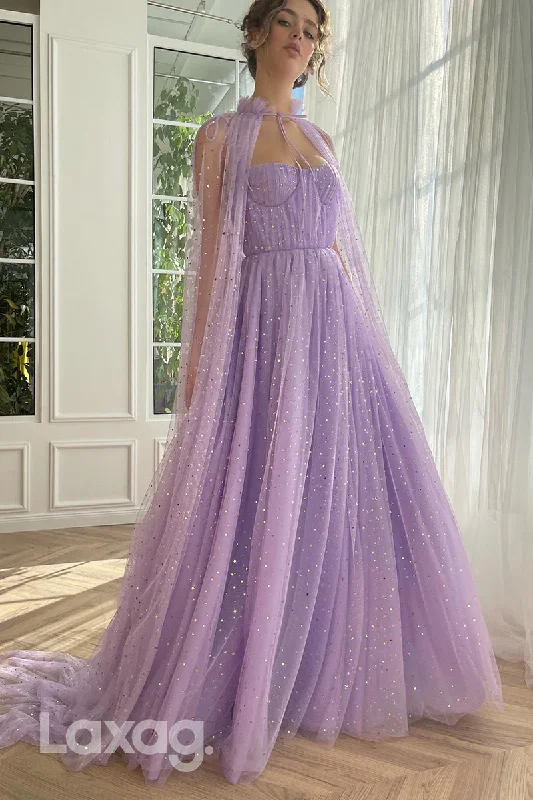 21779 - Spaghetti Straps Tulle Long Prom Dress With Gloves And Cloak