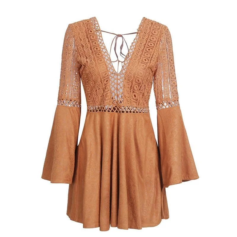 Sexy Lace Up V Neck Suede Lace Summer Dress