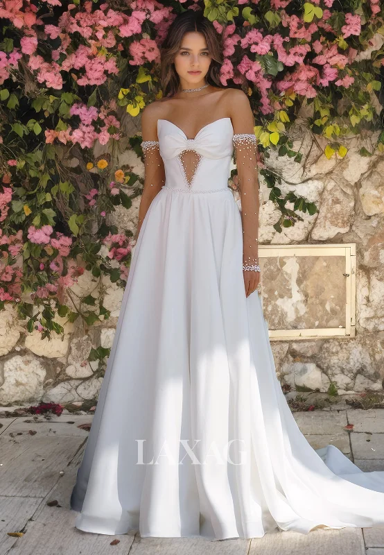 15710 - A Line V neck Pearls Satin Elegant Wedding Dress