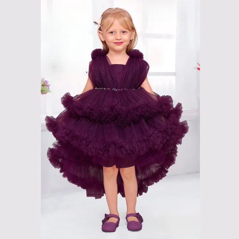 Wine Red Girls Frock in High Low Frill Edges