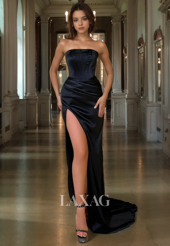 Strapless Sleeveless Pleated Formal Evening Gowns Pleated Sleek Satin High Slit Prom Dress with Sweep Train