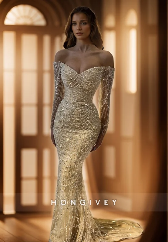 L2956 - Beaded Off-Shoulder Long Sleeves Trumpet Party Prom Evening Dress