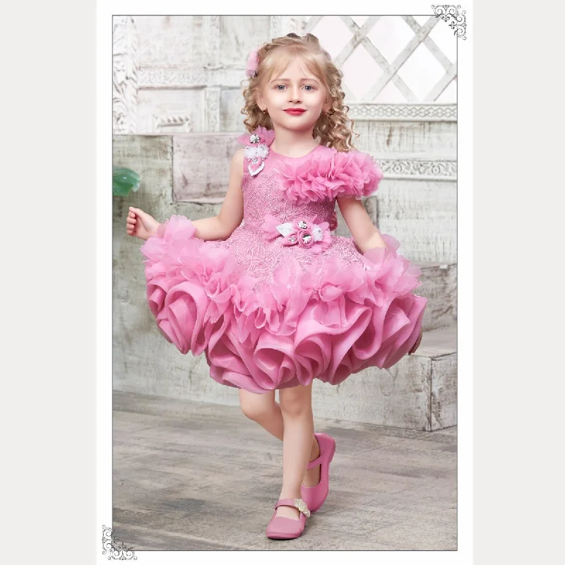 Pink Floral Applique Girls Frock